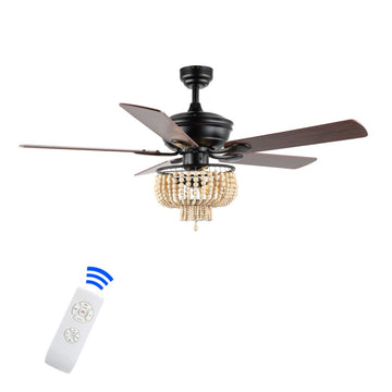 Opal 52" Farmhouse Rustic Wood Bead Shade LED Ceiling Fan With Remote - JONATHAN Y